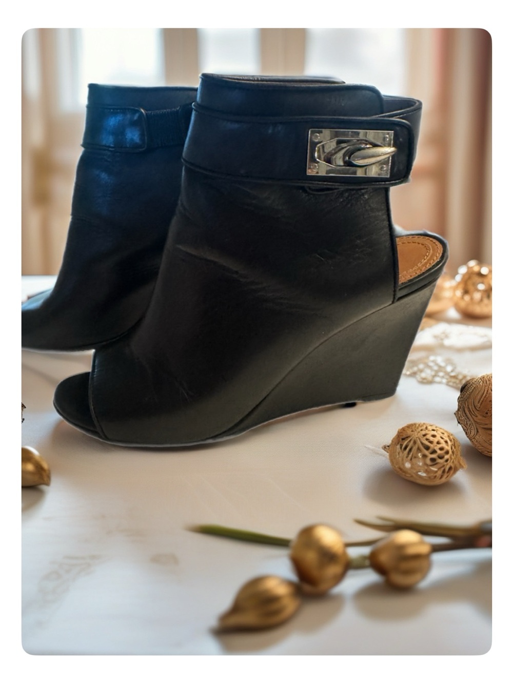 Givenchy Black Leather Peep-Toe Wedge Booties with Silver Buckle
